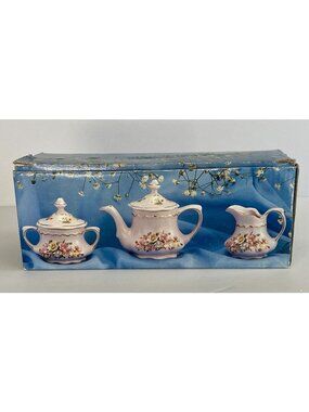 Tea Pot Sugar Bowl Creamer Pitcher Pink Floral 3 Piece Miniature DISPLAY TOY